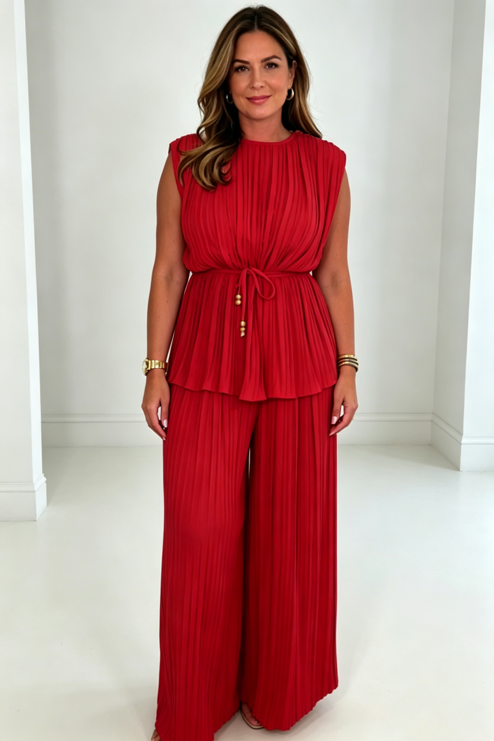 Tie Waist Pleated Top & Trouser Matching Set (Buy 2 Free Shipping)