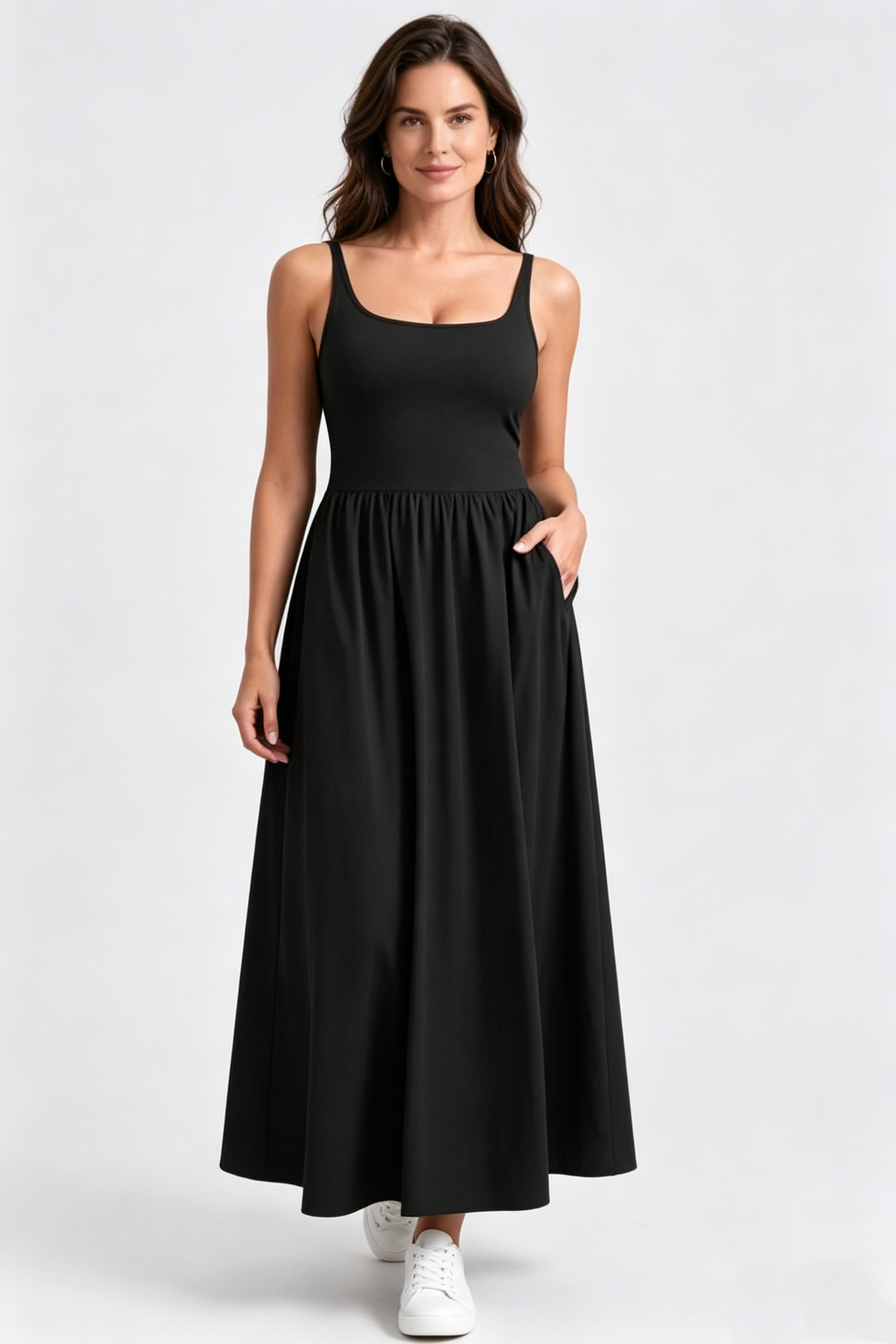 YOGA Square Neck Maxi Dress for Women - Flowy Sleeveless Padded Travel Casual Outfits with Side Pockets
