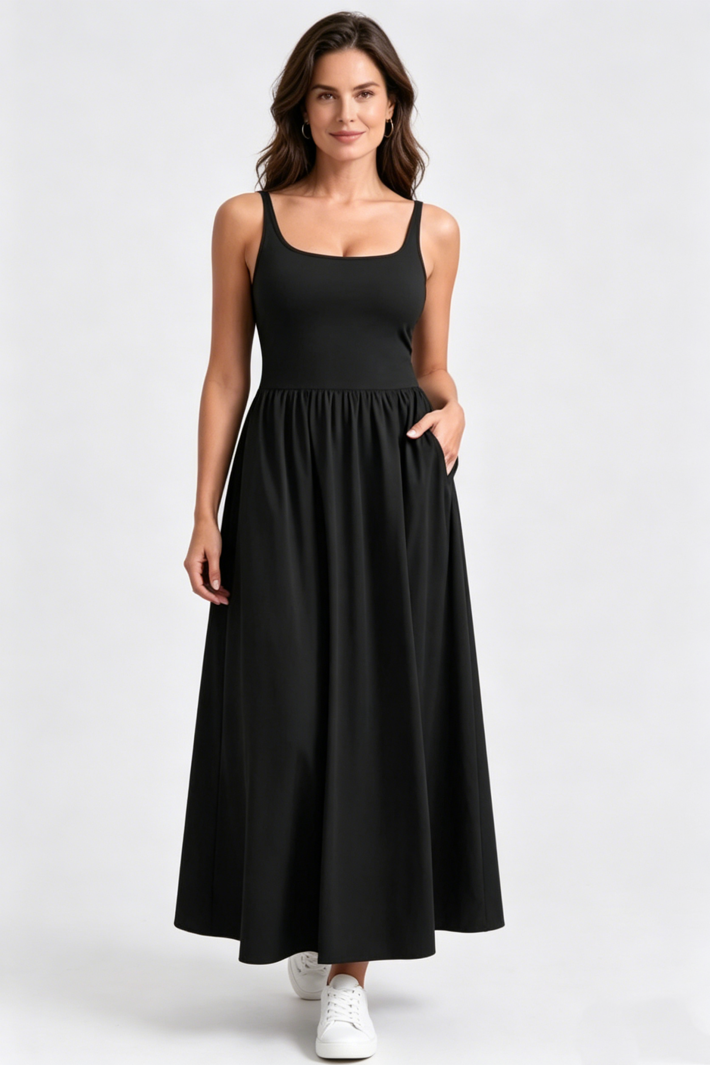 YOGA Square Neck Maxi Dress for Women - Flowy Sleeveless Padded Travel Casual Outfits with Side Pockets