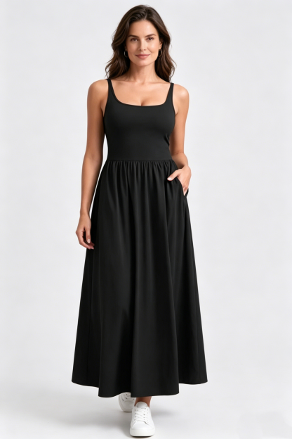 YOGA Square Neck Maxi Dress for Women - Flowy Sleeveless Padded Travel Casual Outfits with Side Pockets