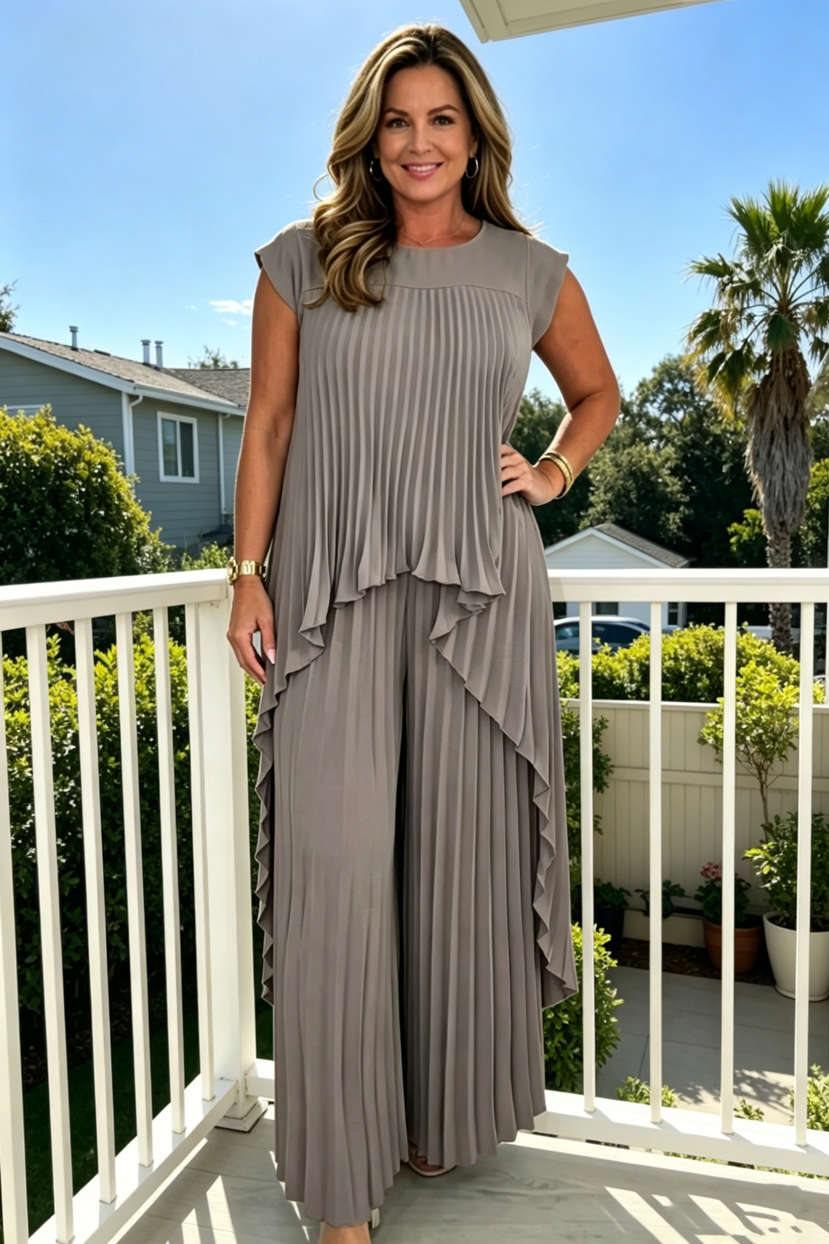 Irregular High-Low Pleated Top + Pants Two-Piece Suit (Buy 2 Free Shipping)