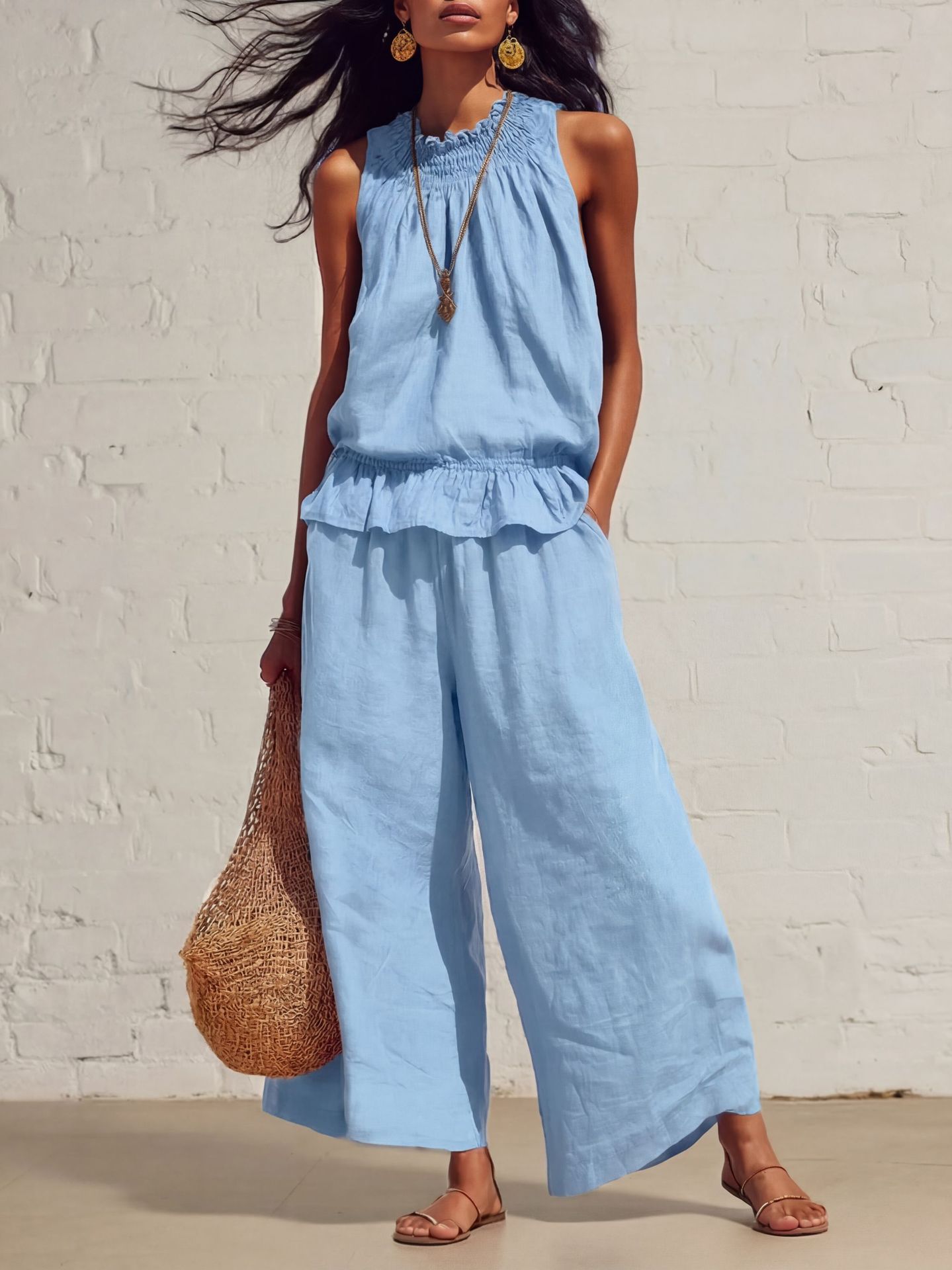 Women’s Sleeveless Linen Blend Two-Piece Set