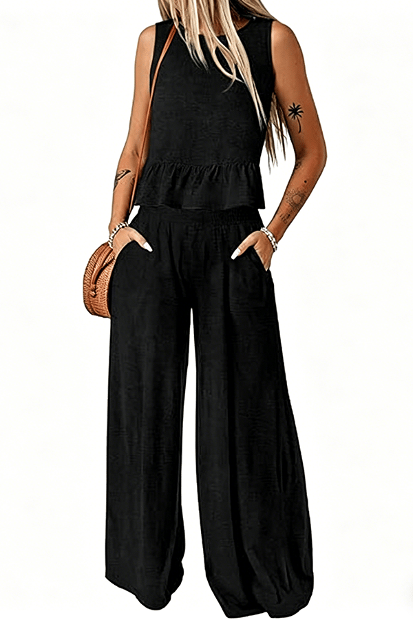 Women’s Sleeveless Two-Piece Pants Set – Wide Leg Matching Outfit