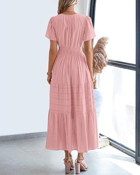 Women’s Casual V-Neck Flowy Maxi Dress – Short Sleeve Summer Beach Dress