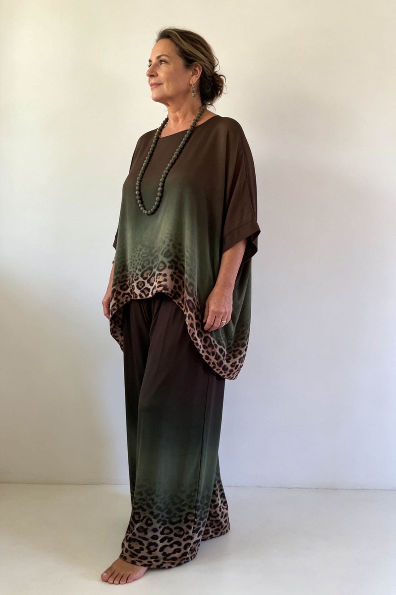Women's Leopard Print Batwing Sleeve Silk Blend Set