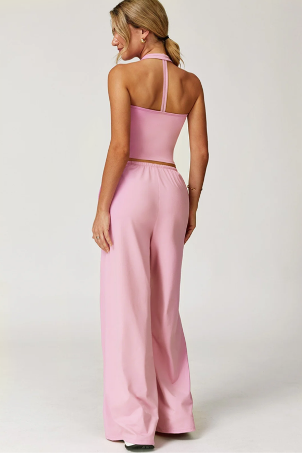 Women's Lightweight "Cloud-Feel" Casual Set — Backless Cropped Top & Wide-Leg Pants