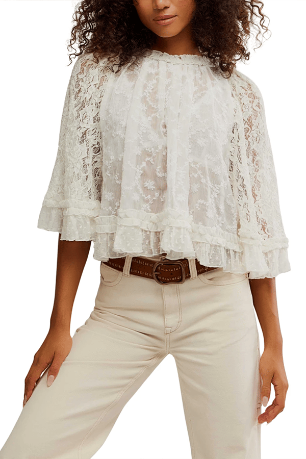Women's Lace Sheer Top — Semi-Sheer, Draped, Openwork Shirt (Ruffled Sleeves)