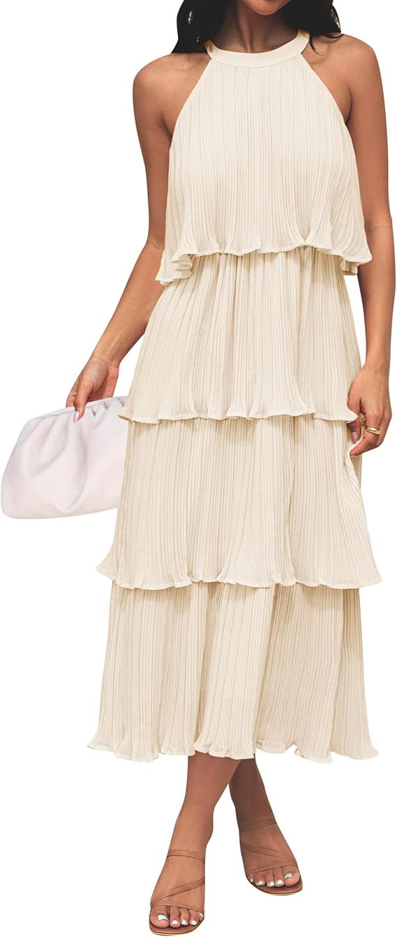 Halter Neck Tiered Pleated Midi Dress