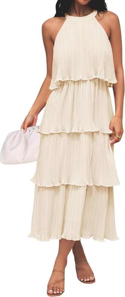 Halter Neck Tiered Pleated Midi Dress