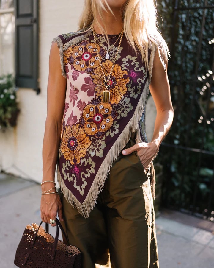 Vintage Floral Fringe Silk Asymmetrical Sleeveless Top
