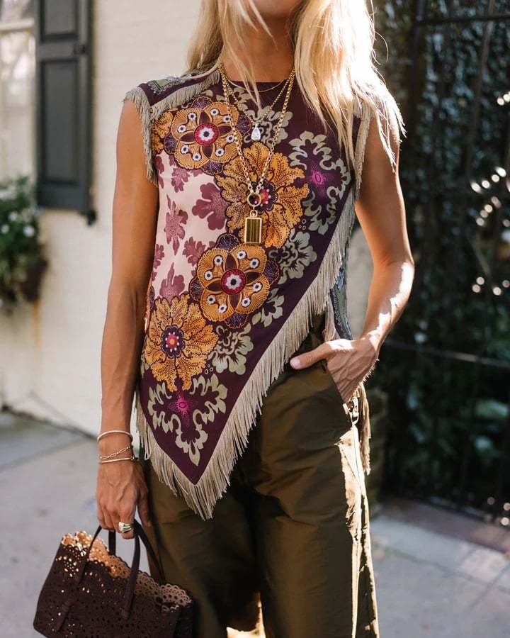Vintage Floral Fringe Silk Asymmetrical Sleeveless Top