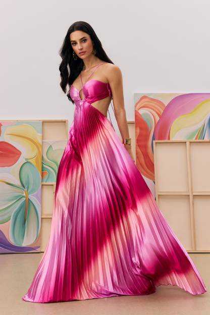 Elegant Strapless Pleated Satin Maxi Dress