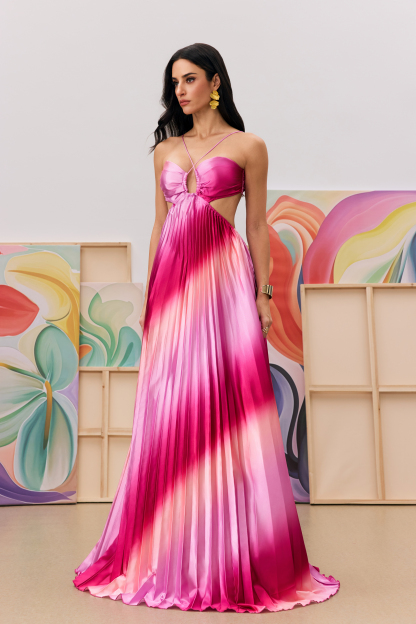 Elegant Strapless Pleated Satin Maxi Dress