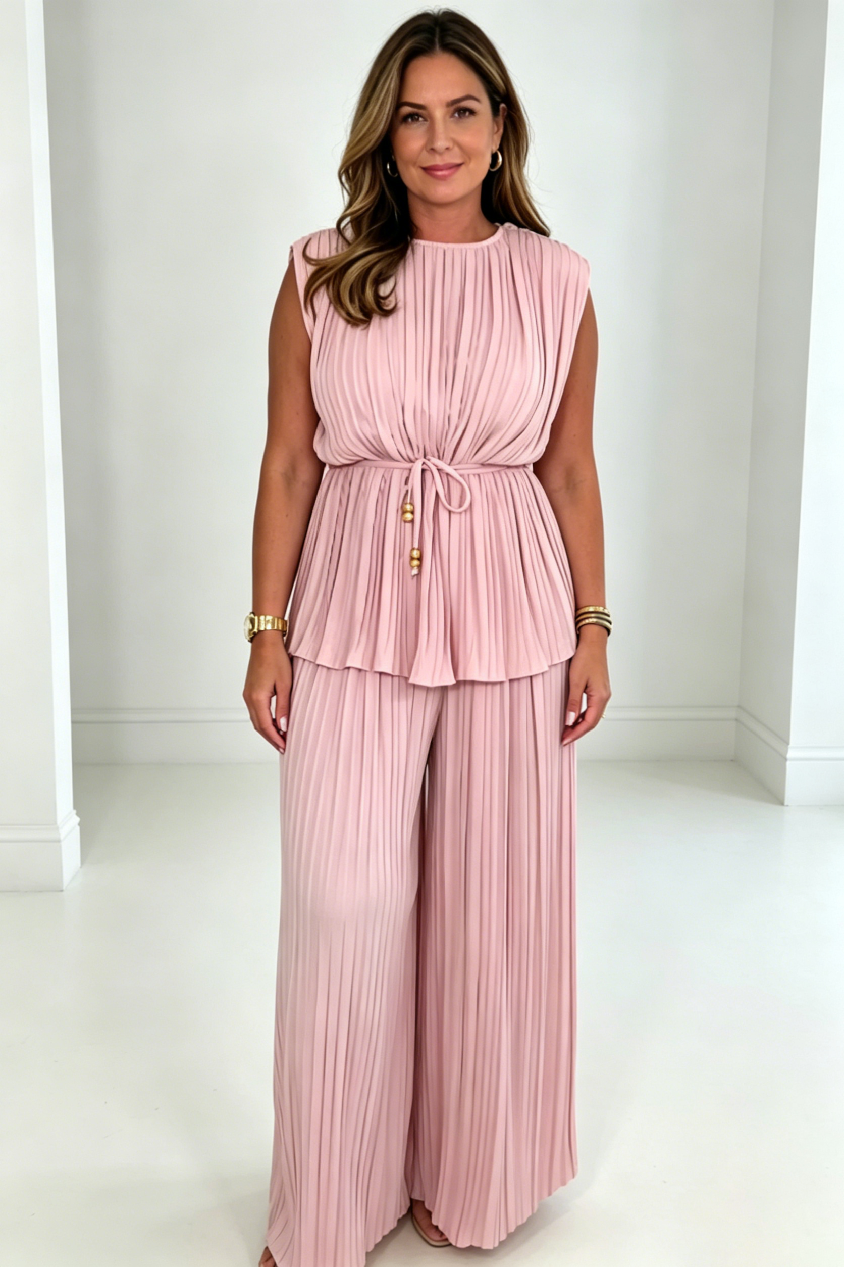 Tie Waist Pleated Top & Trouser Matching Set (Buy 2 Free Shipping)