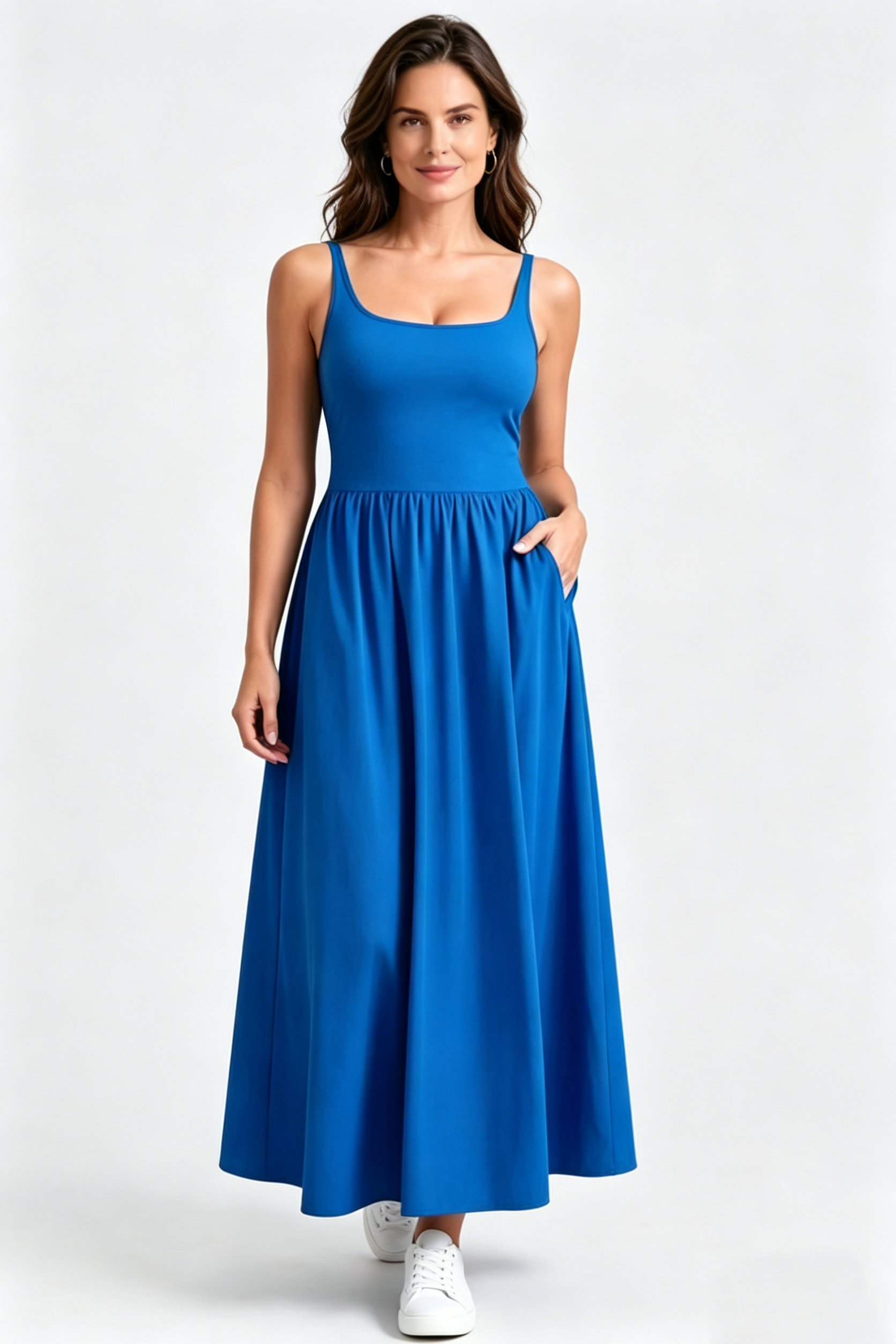 YOGA Square Neck Maxi Dress for Women - Flowy Sleeveless Padded Travel Casual Outfits with Side Pockets