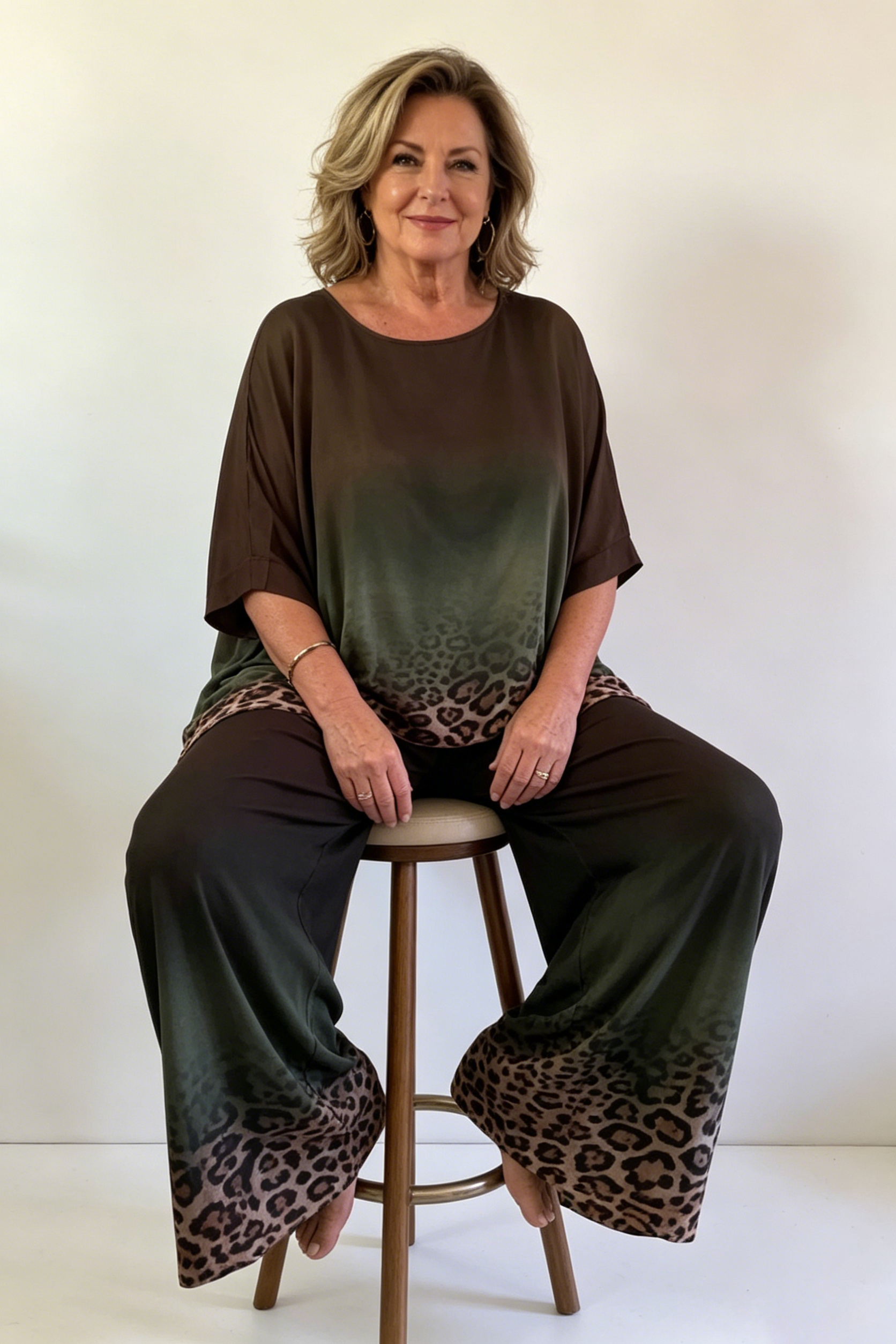 Women's Leopard Print Batwing Sleeve Silk Blend Set
