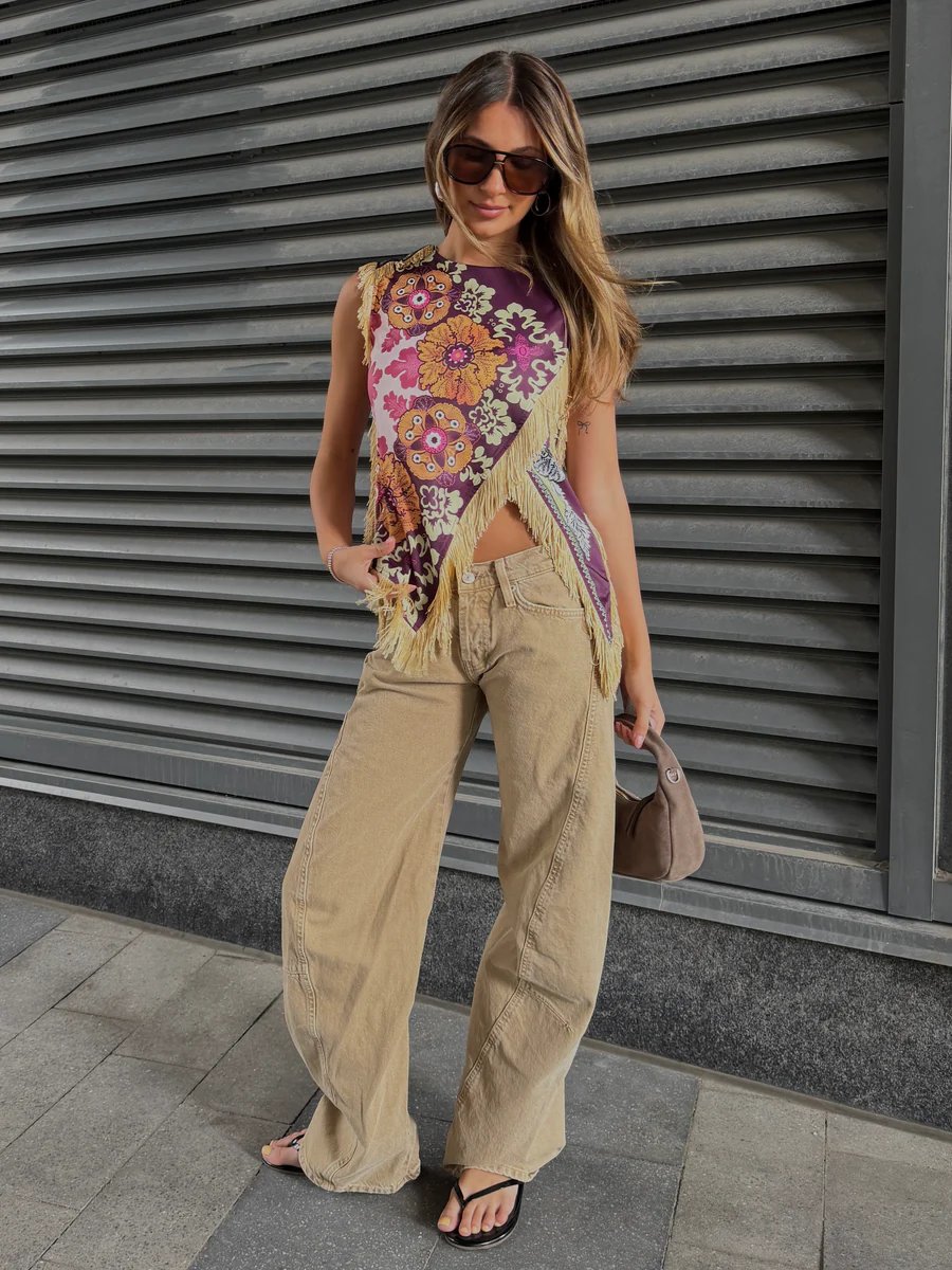Vintage Floral Fringe Silk Asymmetrical Sleeveless Top