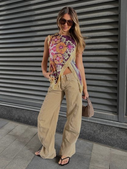 Vintage Floral Fringe Silk Asymmetrical Sleeveless Top