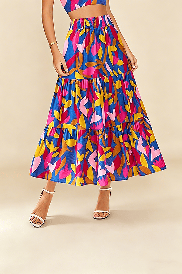 Floral Boho Maxi Skirt for Women – Flowing Tiered Pleated Design with Elastic Waist