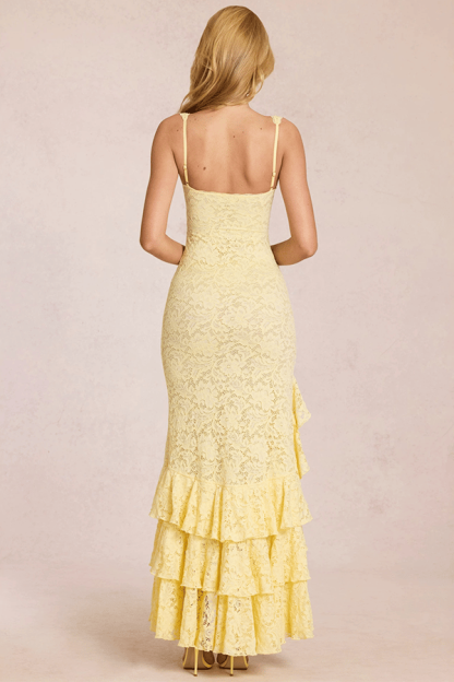 👗Lace Ruffle Maxi Dress with High Slit – Elegant Bodycon Evening Dress