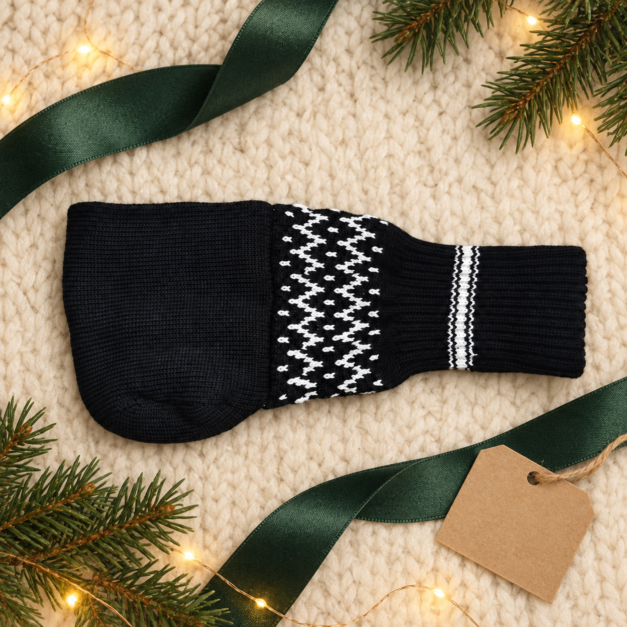 Black knitted beer mitten displayed in a refined Christmas gift flat lay