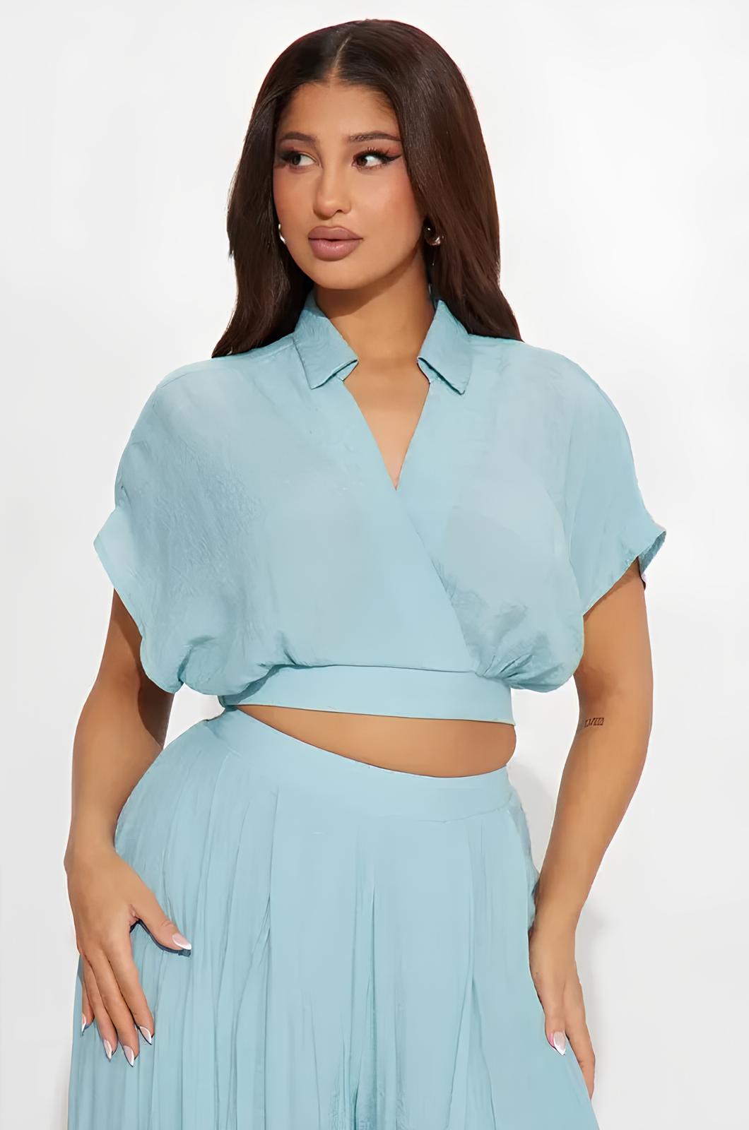 Effortless Summer 2-Piece Wrap Crop Top & Wide Leg Pants Set