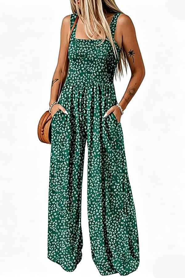 Women’s Sleeveless Printed Wide-Leg Jumpsuit with Pockets