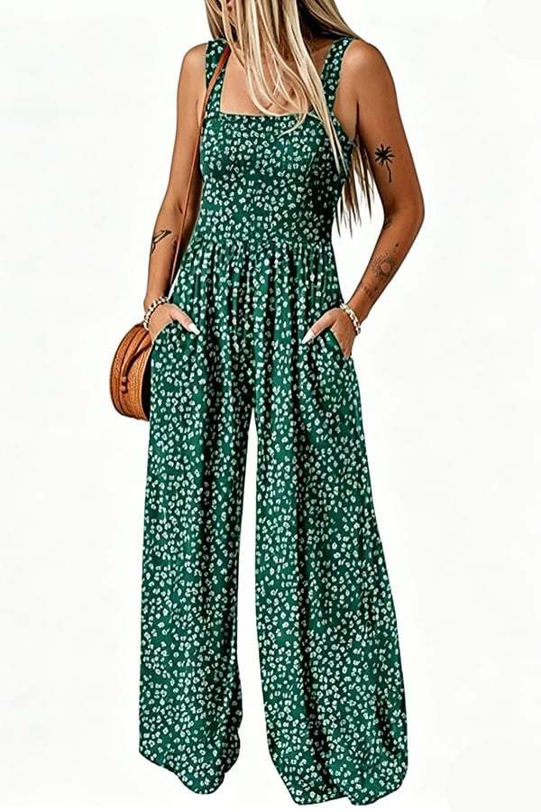 Women’s Sleeveless Printed Wide-Leg Jumpsuit with Pockets