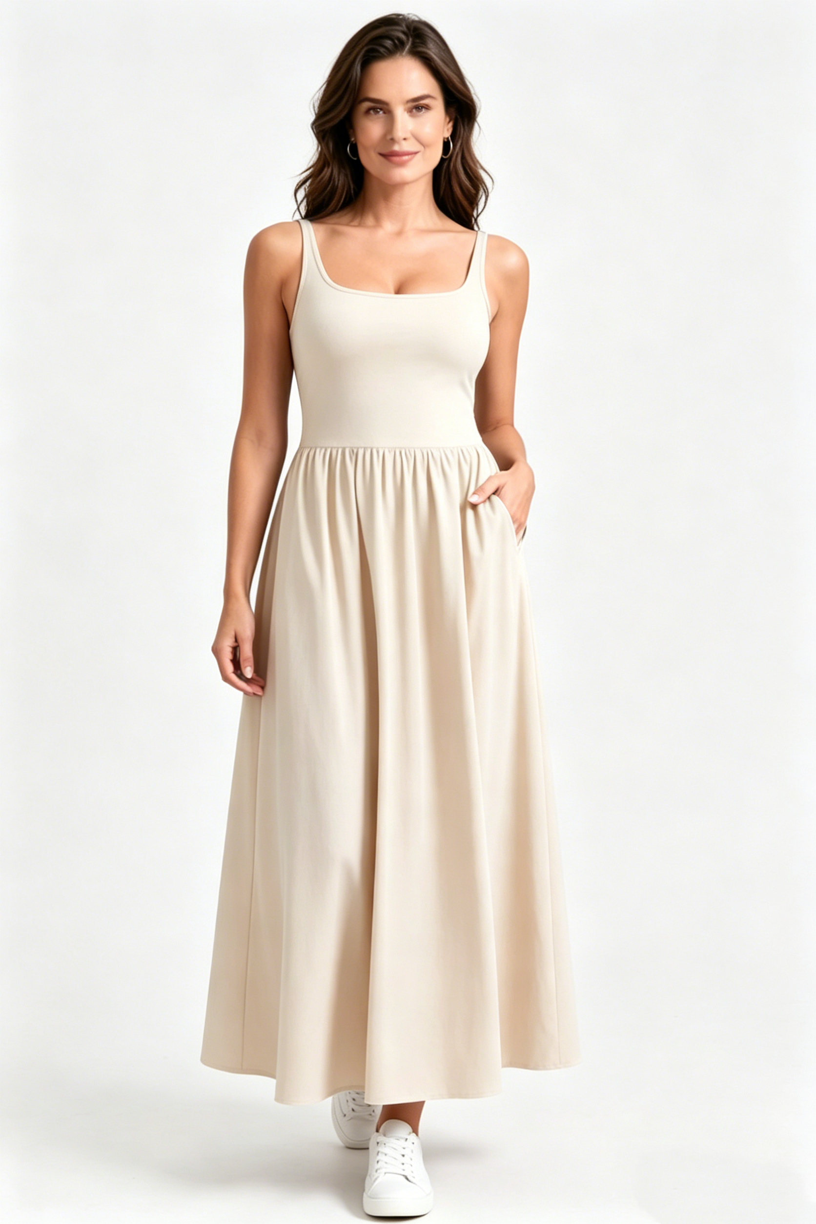 YOGA Square Neck Maxi Dress for Women - Flowy Sleeveless Padded Travel Casual Outfits with Side Pockets