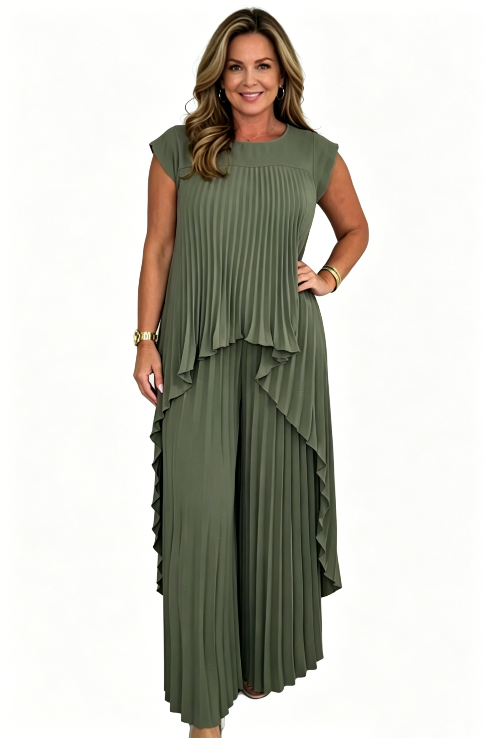 Irregular High-Low Pleated Top + Pants Two-Piece Suit (Buy 2 Free Shipping)