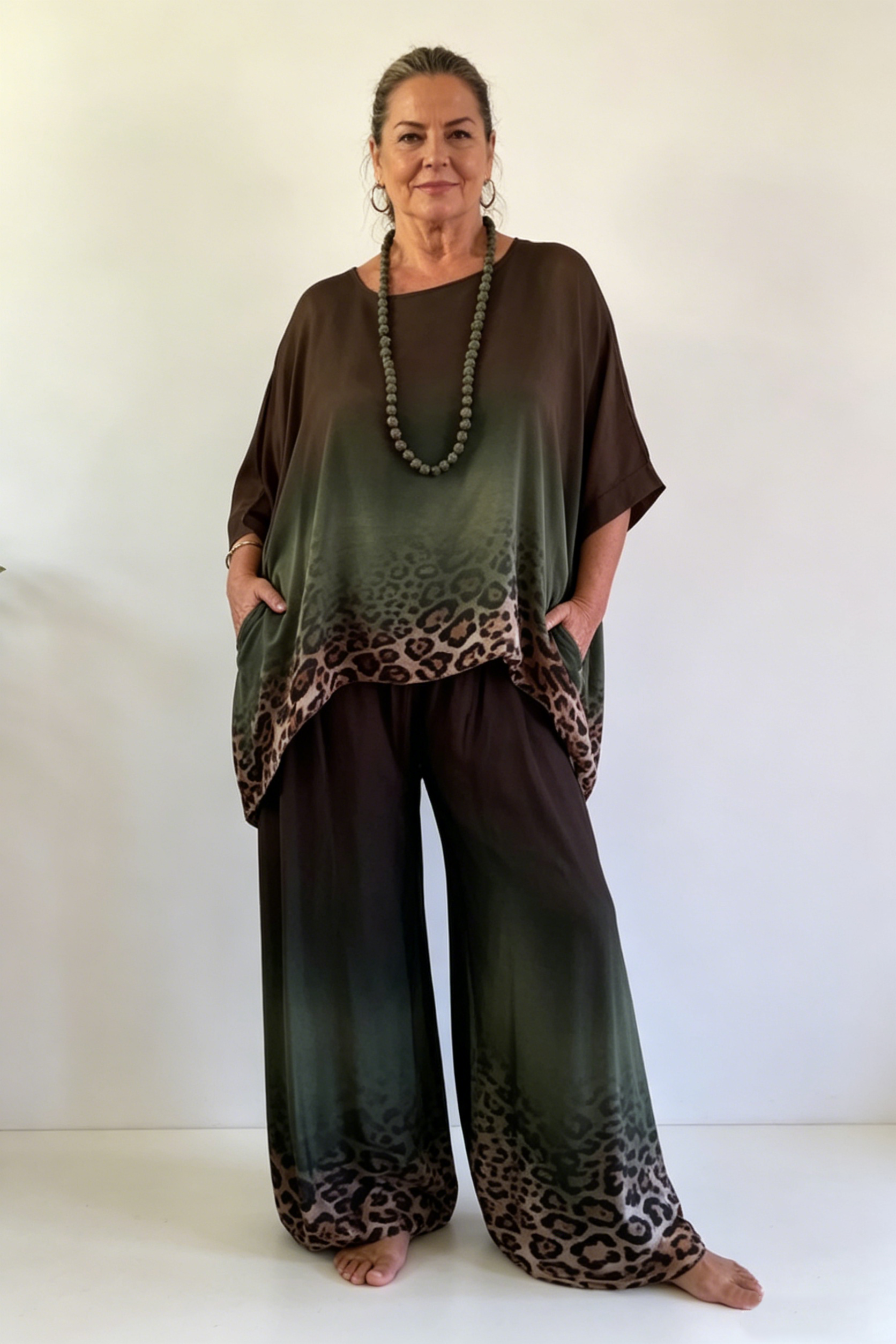 Women's Leopard Print Batwing Sleeve Silk Blend Set