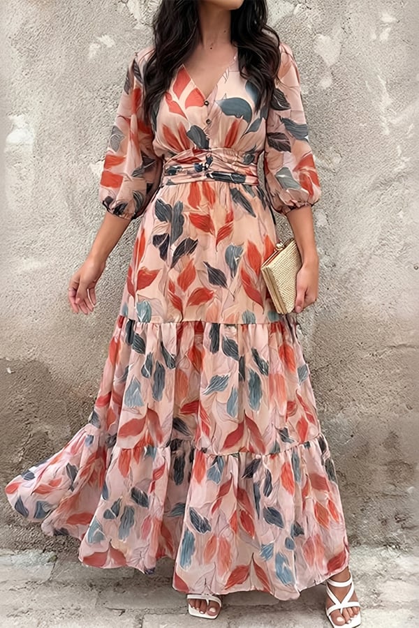 Bohemian Floral Maxi Dress for Women – V-Neck Puff Sleeve Summer Dress