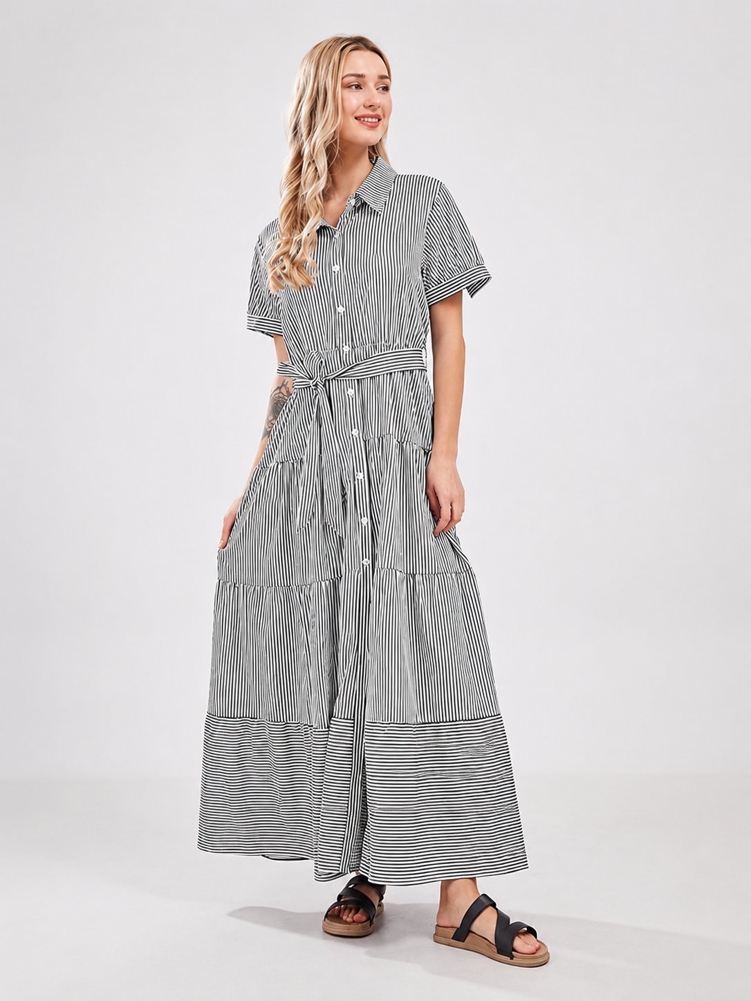 Women’s Striped Button-Front Tiered Maxi Dress