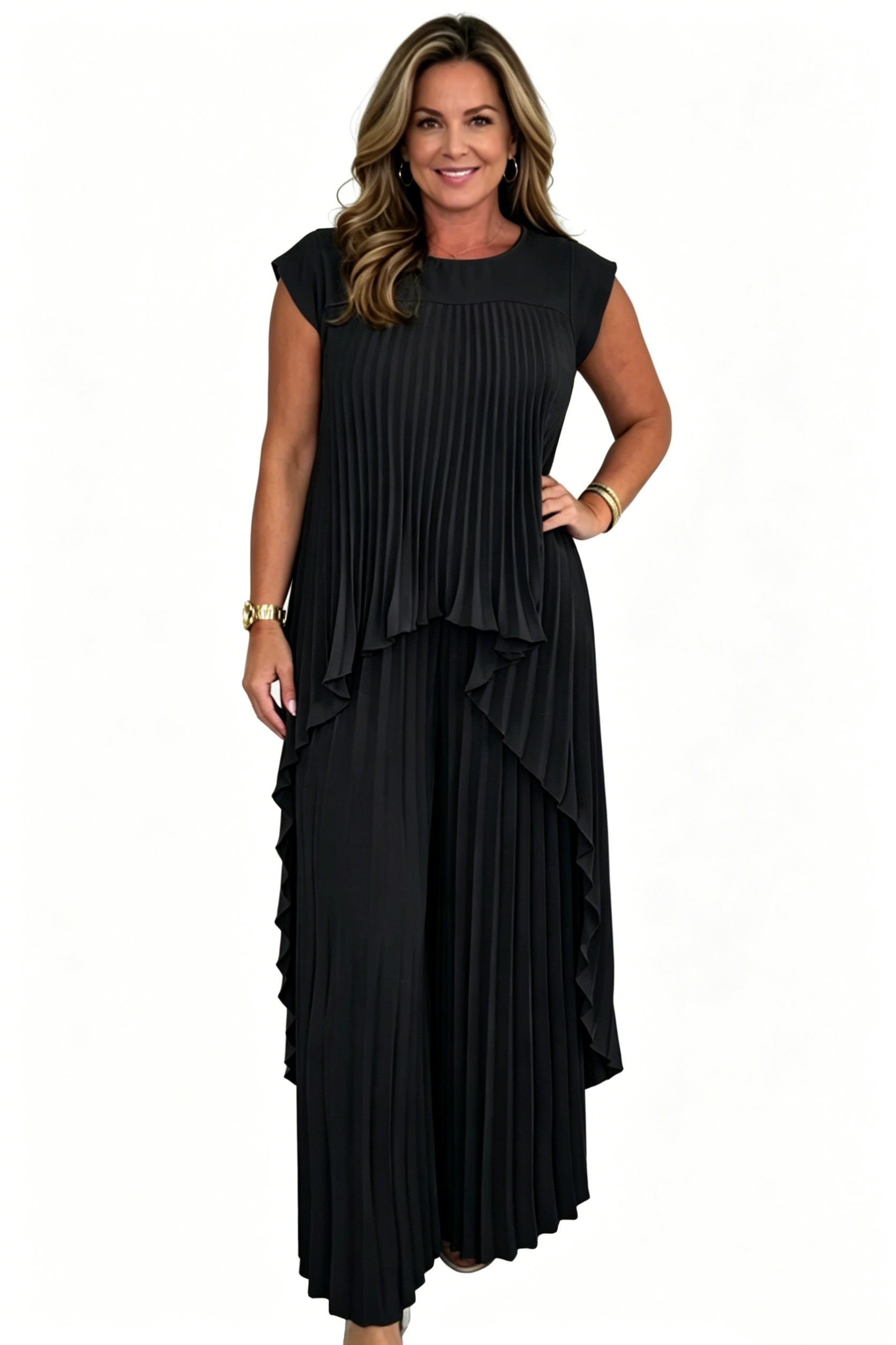 Irregular High-Low Pleated Top + Pants Two-Piece Suit (Buy 2 Free Shipping)