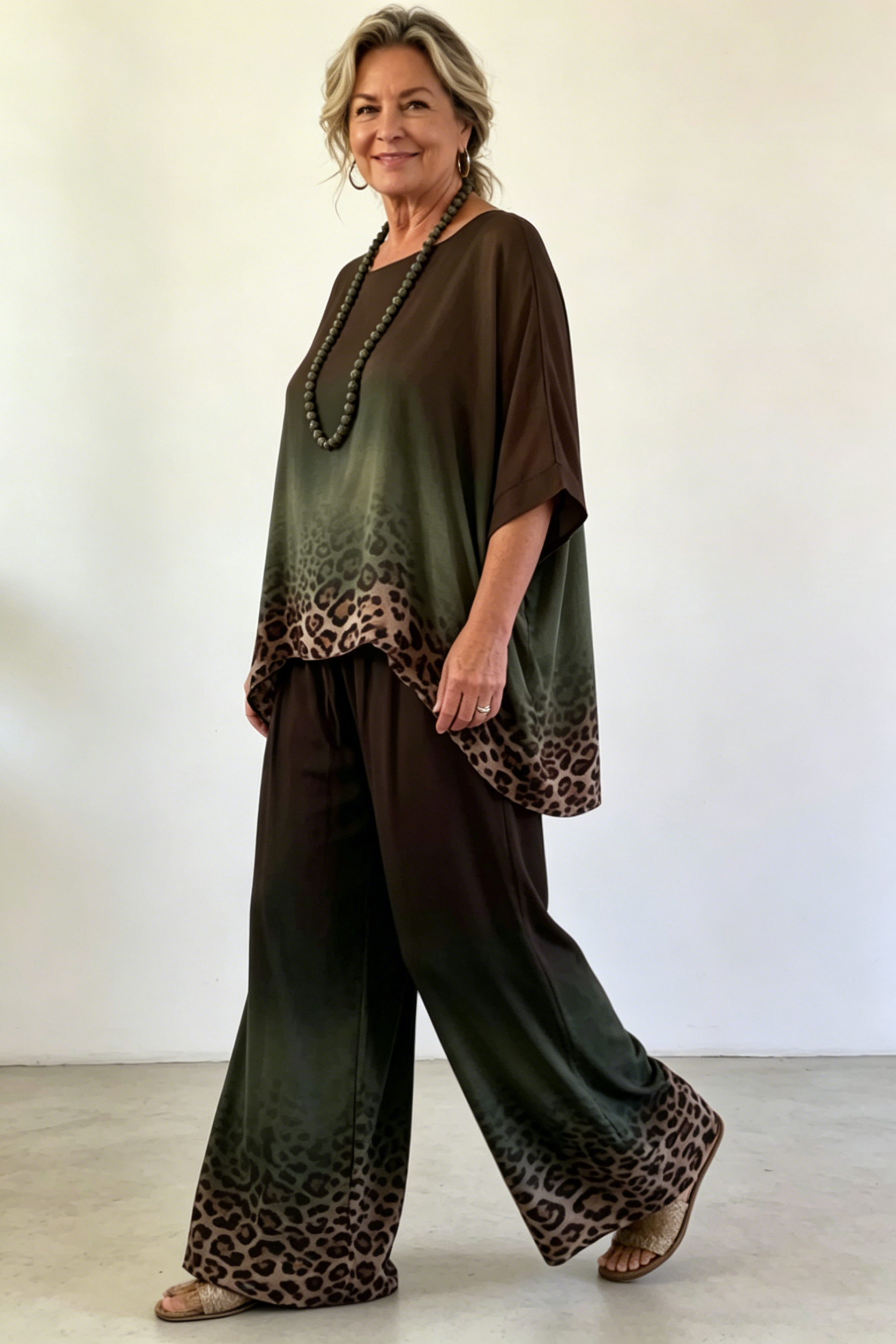 Women's Leopard Print Batwing Sleeve Silk Blend Set