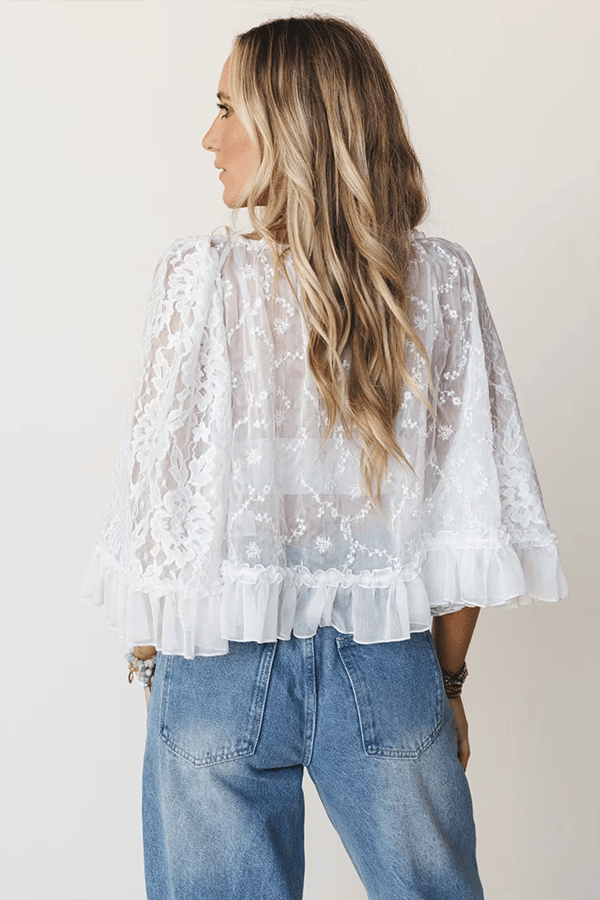 Women's Lace Sheer Top — Semi-Sheer, Draped, Openwork Shirt (Ruffled Sleeves)