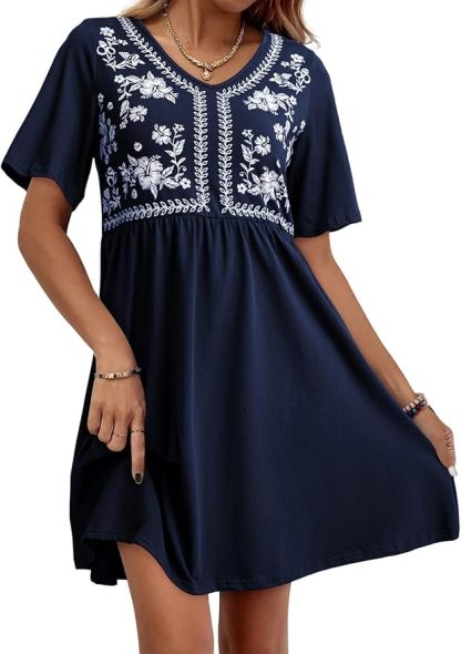 Floral Embroidered V-Neck Short Sleeve Casual A-Line Dress