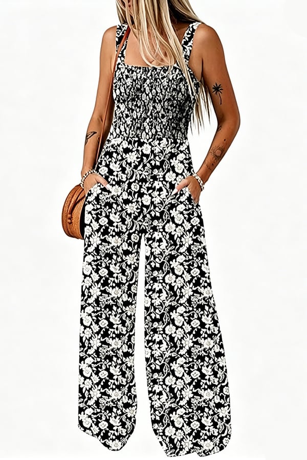 Women’s Sleeveless Printed Wide-Leg Jumpsuit with Pockets