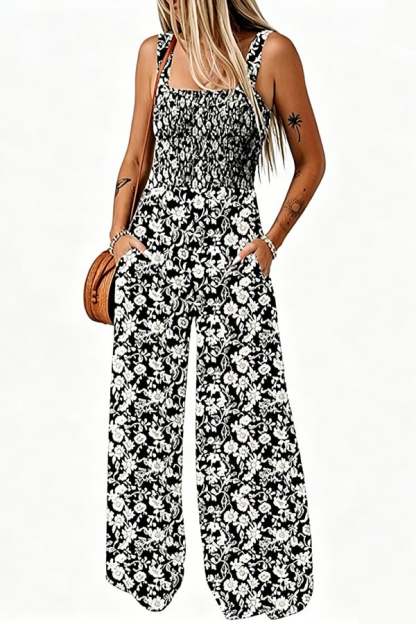 Women’s Sleeveless Printed Wide-Leg Jumpsuit with Pockets