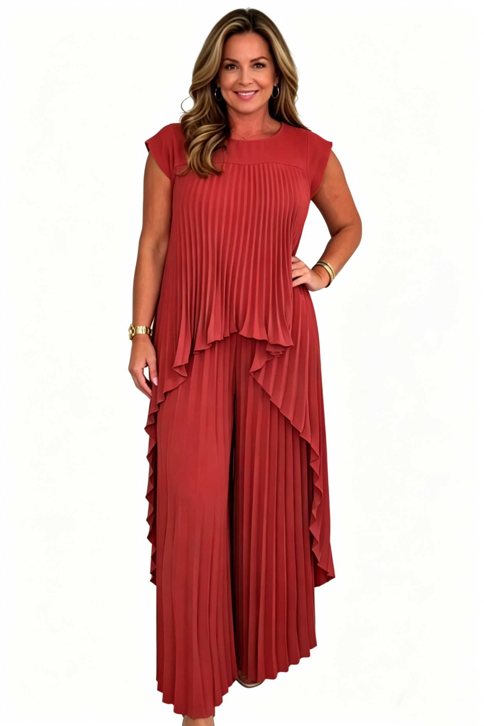 Irregular High-Low Pleated Top + Pants Two-Piece Suit (Buy 2 Free Shipping)
