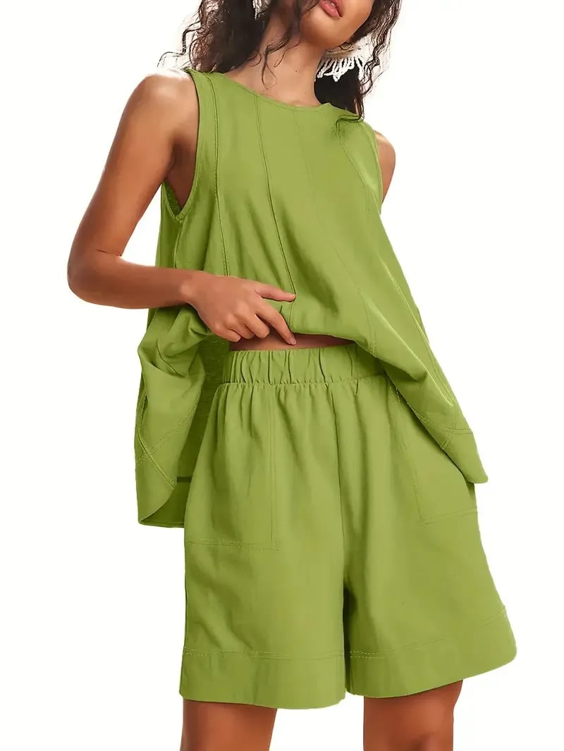 Women's Two Piece Outfit Cotton Matching Set  A-Line Sleeveless Tank Tops and High-Waist Shorts with Pockets
