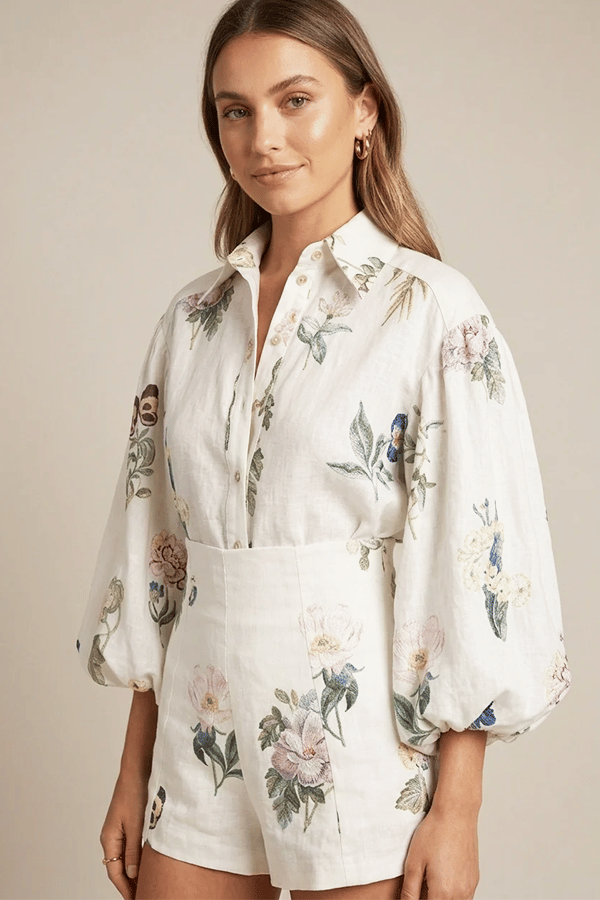 Women’s Embroidered Linen Two-Piece Set – Puff Sleeve Shirt & Shorts Outfit