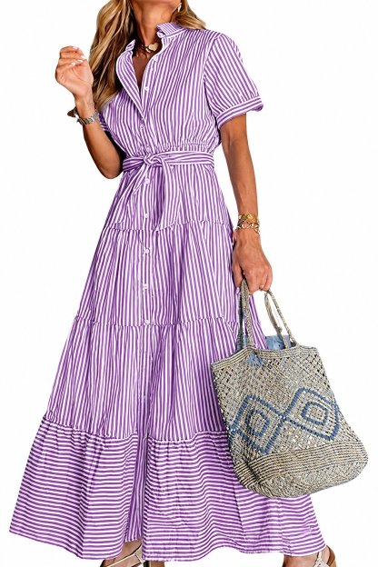 Women’s Striped Button-Front Tiered Maxi Dress