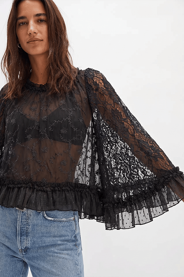Women's Lace Sheer Top — Semi-Sheer, Draped, Openwork Shirt (Ruffled Sleeves)