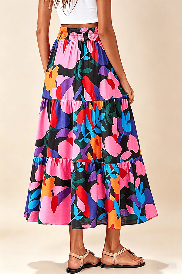 Floral Boho Maxi Skirt for Women – Flowing Tiered Pleated Design with Elastic Waist