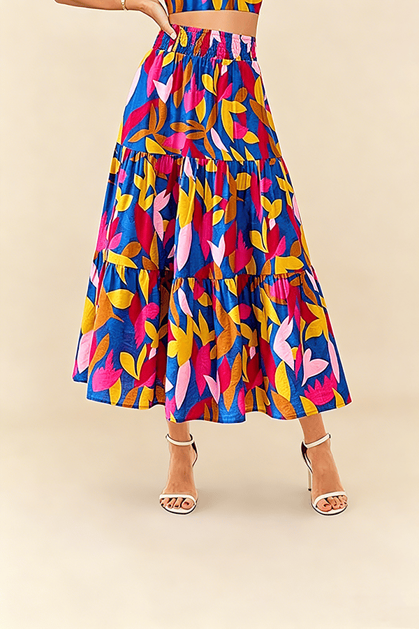 Floral Boho Maxi Skirt for Women – Flowing Tiered Pleated Design with Elastic Waist