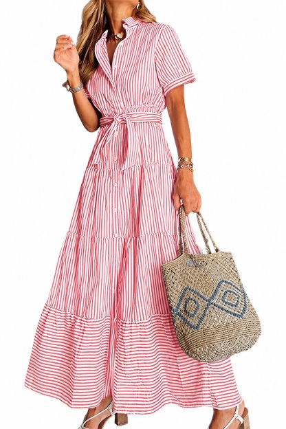 Women’s Striped Button-Front Tiered Maxi Dress