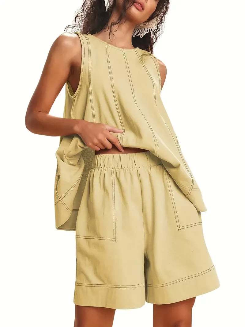 Women's Two Piece Outfit Cotton Matching Set  A-Line Sleeveless Tank Tops and High-Waist Shorts with Pockets
