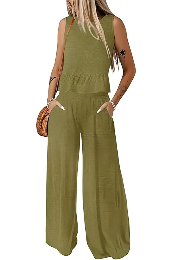 Women’s Sleeveless Two-Piece Pants Set – Wide Leg Matching Outfit