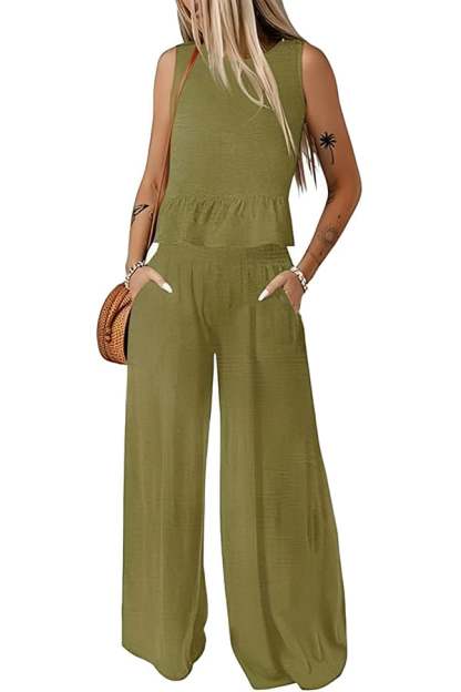 Women’s Sleeveless Two-Piece Pants Set – Wide Leg Matching Outfit